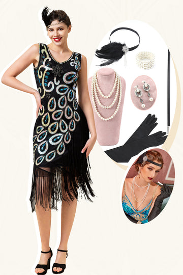Svart Och Blå Paljetter Fransar 1920-Talets Gatsby Flapper-klänning med 20-Tals Tillbehör Set